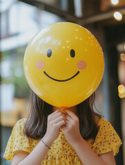 A person holding a large yellow smiley balloon in front of their face. A fun and playful concept symbolizing happiness, anonymity, and positive vibes