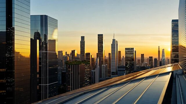 Futuristic cityscape with solar panels at sunset