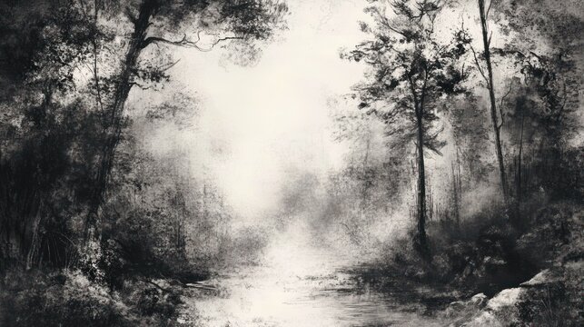 Misty forest path, grayscale landscape painting, tranquil scene, artistic depiction