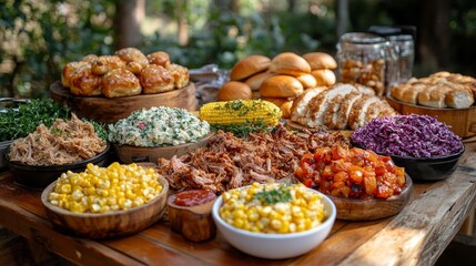 Fototapeta premium BBQ Feast with Pulled Pork Corn and Fresh Sides on a Wooden Table in the Sun. Generative AI