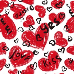 Seamless abstract holiday pattern. Simple background in red, black, white colors. Hearts, lettering. Digital texture. Illustration. Design for textile fabrics, wrapping paper, wallpaper, cover.