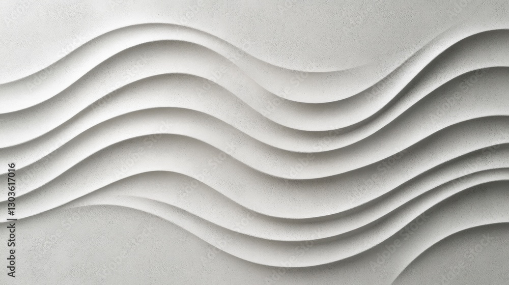 Poster 3d rippled wall. white plaster waves pattern texture on interior design feature in an off-white sett