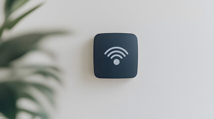 A wireless signal indicator is mounted on a white wall, indicating network availability in the room. A plant is visible in the foreground.