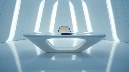 Futuristic Office Interior Design: Modern Minimalist White Desk in a Sleek, Bright Space