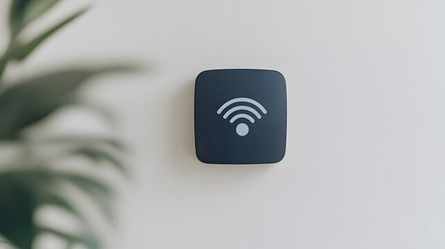 A wireless signal indicator is mounted on a white wall, indicating network availability in the room. A plant is visible in the foreground.