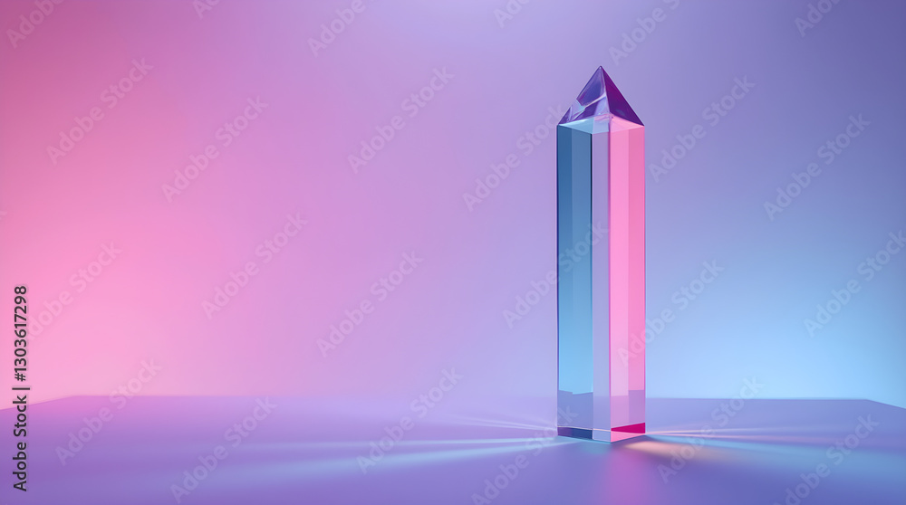Poster vibrant pink and blue gradient background with illuminated transparent crystal prism - modern abstra