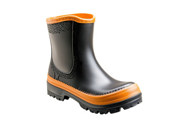 Stylish rubber boots with orange accents perfect for gardening or outdoor adventures isolated on transparent background