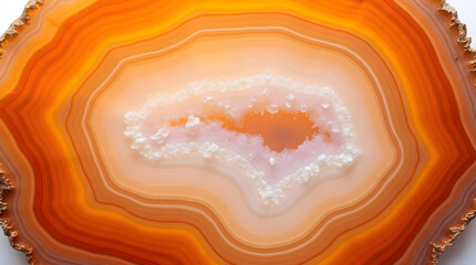 Polished Banded Orange White Brown Agate Slice Gemstone Mineral Crystal Druzy Geode Stone Texture Macro Detail Close-Up View