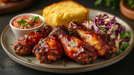 Fototapeta premium Plate of delicious BBQ chicken wings with coleslaw and cornbread on the side. Generative AI