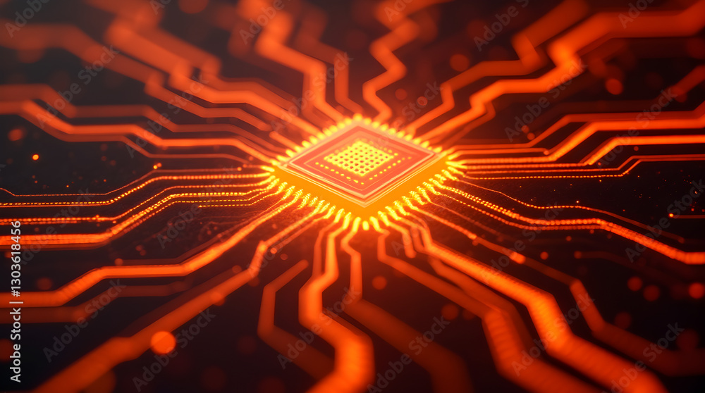 Poster high-tech orange glowing computer chip circuit board photo