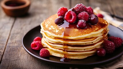 Stacked pancakes dripping with syrup. Food background