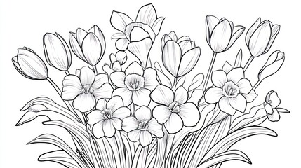 Bouquet of Tulips and Daffodils, Line Art, Floral Arrangement, Use Print Design, Coloring Page, Background
