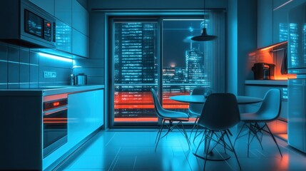 Neon Cityscape Kitchen: A futuristic apartment kitchen illuminated with neon lights, offering breathtaking nighttime city views.