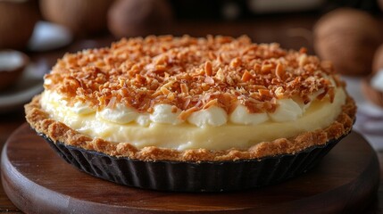 Tropical coconut cream pie with coconut flakes and cream topping. Generative AI