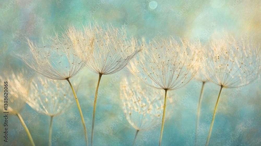 Poster dandelion seeds blowing softly in a field. abstract, serene nature scene with bokeh background