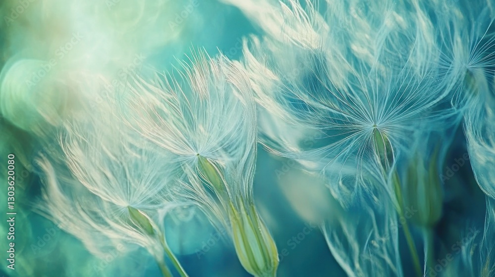 Poster dandelion seeds floating in field with bokeh background, illuminated by sunlight, creating calming i