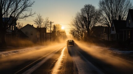 Obraz premium Misty Morning Drive: A Sunlit Street Scene