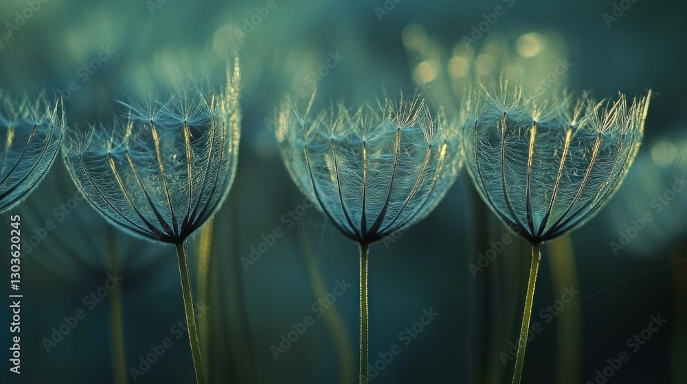 Poster dandelions seeds float in a meadow with bokeh effect on a blue and green toned field