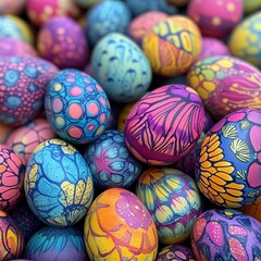 Fototapeta premium Colorful decorated eggs display intricate designs in vibrant hues for spring festivities and Easter celebrations