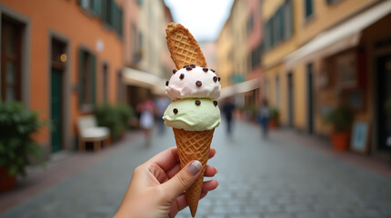 Delicious Pink Green Ice Cream Waffle Cone Italian Street Food Travel