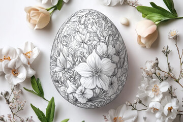 Fototapeta premium Floral easter egg drawing surrounded by white and peach flowers