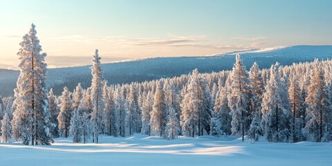 Fototapeta premium A serene winter landscape features tall snow-covered trees standing in a tranquil setting. The soft light enhances the beauty of this peaceful scene. Perfect for nature lovers. AI