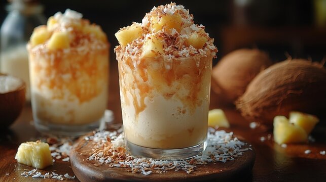 Delicious tropical coconut milkshake with pineapple and shredded coconut topping. Generative AI - Powered by Adobe