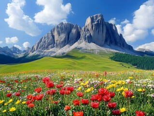 Colorful flower meadows in front of an impressive mountain