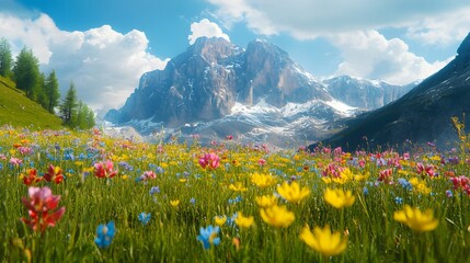 Fototapeta premium Colorful flower meadows in front of an impressive mountain