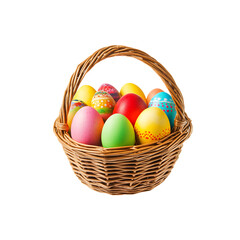a basket of colorful easter eggs isolated on a transparent background, in a PNG format
