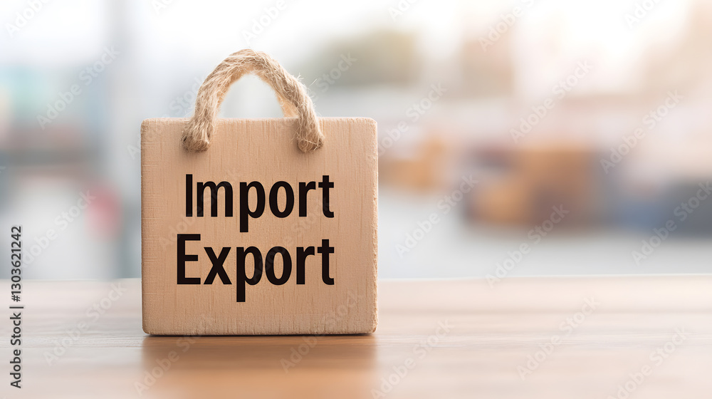Poster import export concept: a simple wooden block with 'import export' text on a table, symbolizing globa