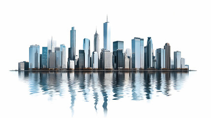 Cityscape illustration with skyscrapers at the waterfront isolated on a white background. Reflection - Mirror. Illustration