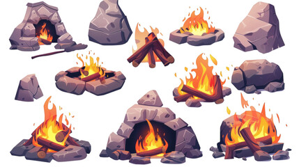 Set of fire campfire places isolated on white