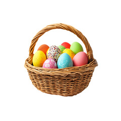 a basket of colorful easter eggs isolated on a transparent background, in a PNG format