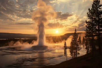 Fototapeta premium Old faithful geyser erupting at sunset in yellowstone national park