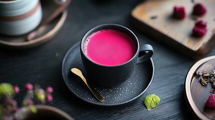   A steaming raspberry tea sits on a saucer beside a plate filled with juicy berries
