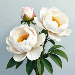 bouquet of white tulips, White peonies Interior textured picture with acrylic paints depicting beautiful white colors, blue background