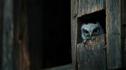   Small owl pokes out from wooden building facade structure