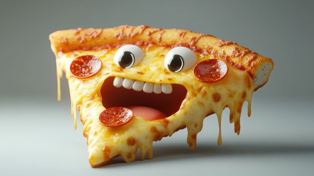 Pizza slice with eyes smiling, showing teeth on a grey background