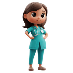 Obraz premium Cute 3D Cartoon Nurse in Scrubs – Isolated PNG