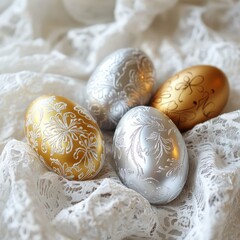 Decorative eggs displayed on lace fabric in a bright setting during a festive spring celebration