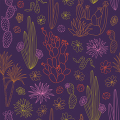 Botanical dark summer night seamless pattern with exotic florals, palm trees, a snake and cacti. Perfect for fabric, wallpapers or home decor. 