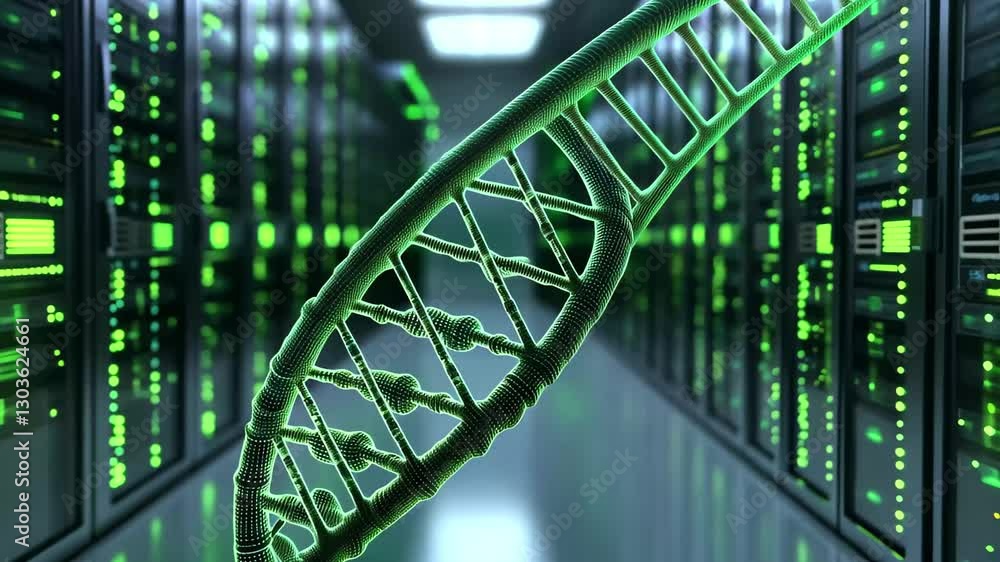 Aufkleber data processing of dna strands in a modern server room with green lighting, dna strands and data pro