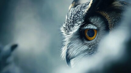 Naklejka premium Close-up of an owl's face with yellow eyes and a feathered hat on its head