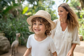Obraz premium Happy child smiling and walking with mother in tropical garden