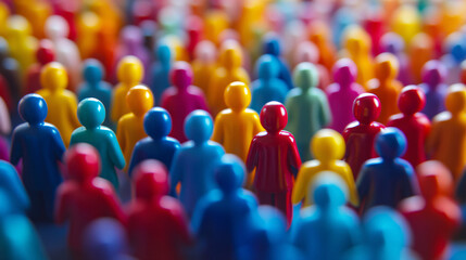 Fototapeta premium Multicolored plastic figures stand in unity representing diversity teamwork and social inclusion with a vibrant and abstract composition of people 
