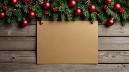 Fototapeta premium Greeting card christmas mockup with fir tree branches on dark wooden background
