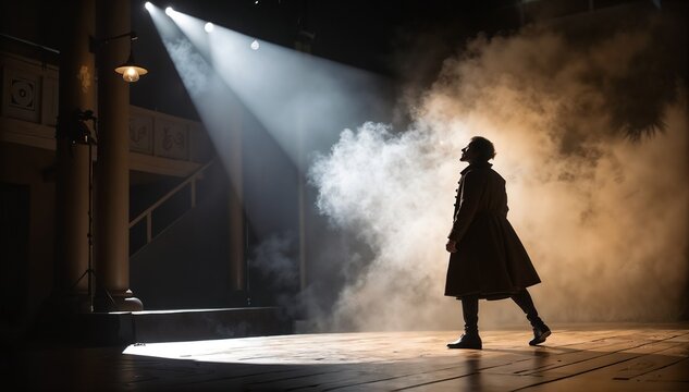Dramatic stage performance with spotlight and theatrical fog