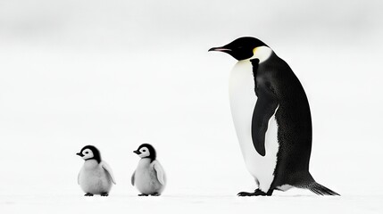 Obraz premium A flock of penguins huddled together on a snowy terrain, gazing at one another