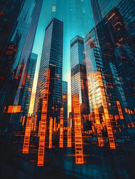 Forex trade market and development concept with growing digital candlestick and indicators on sunny skyscrapers background. Double exposure